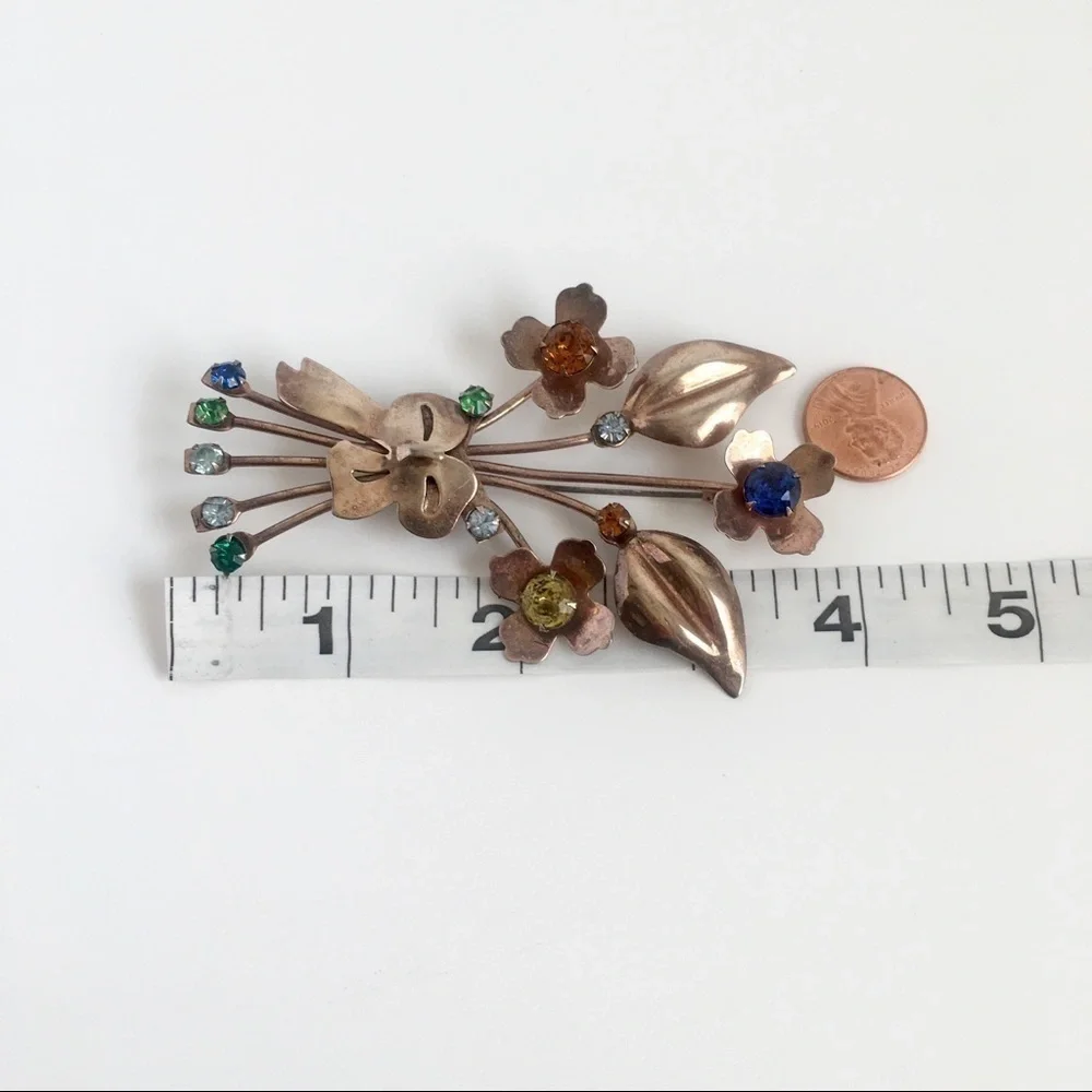 Art Deco Gold Vermeil Brooch‎ Sterling Silver Flower Spray Pin Floral Rhinestone